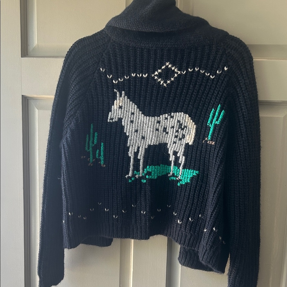 Greats Navy Shawl Collar Cardigan with White Animal Motif - Picture 6 of 8